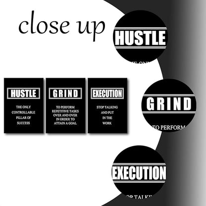 Motivational Poster Grind Hustle Execution Inspirational Wall Art Painting 3 Pieces Canvas Print Office Decor Inspiring Quotes Framed Artwork Home Living Room Decoration Ready to Hang [60''W x 28''H]