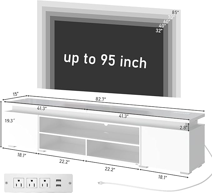 Hlivelood LED TV Stand for 95 Inch TV, Modern TV Stand with Power Outlet, High Gloss TV Console Entertainment Center with Storage and LED Lights for Living Room, Bedroom (83 Inch, White)