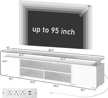 Hlivelood LED TV Stand for 95 Inch TV, Modern TV Stand with Power Outlet, High Gloss TV Console Entertainment Center with Storage and LED Lights for Living Room, Bedroom (83 Inch, White)