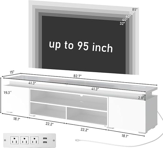 Hlivelood LED TV Stand for 95 Inch TV, Modern TV Stand with Power Outlet, High Gloss TV Console Entertainment Center with Storage and LED Lights for Living Room, Bedroom (83 Inch, White)