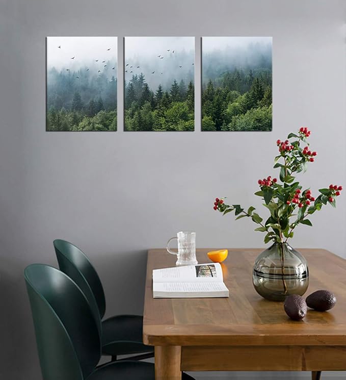 Green Forest Wall Art Tropical Foggy Forest Mountain Bird Contemporary Canvas Pictures Modern Artwork Framed for Bathroom Bedroom Nursery Living Room Home Office Kitchen Wall Decor 12" x 16" 3 Pieces