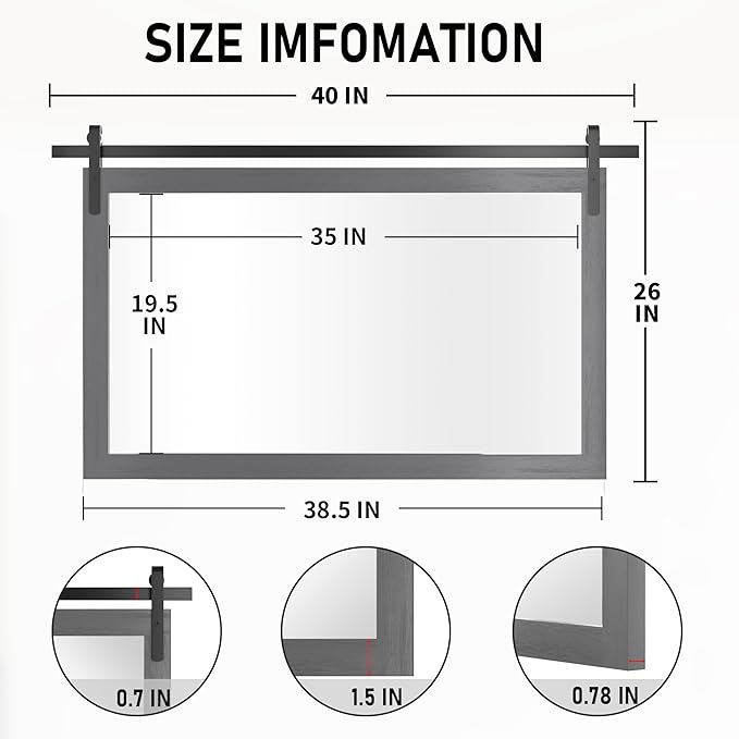 PAIHOME Large Gray Wall Mirror, Farmhouse Horizontal Rustic Square Bathroom Mirror for Wood Framed Vanity Mirrors, Barn Door Style Decor Living Room Entryway Bedroom 40x26INCH, Grey
