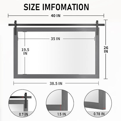 PAIHOME Large Gray Wall Mirror, Farmhouse Horizontal Rustic Square Bathroom Mirror for Wood Framed Vanity Mirrors, Barn Door Style Decor Living Room Entryway Bedroom 40x26INCH, Grey