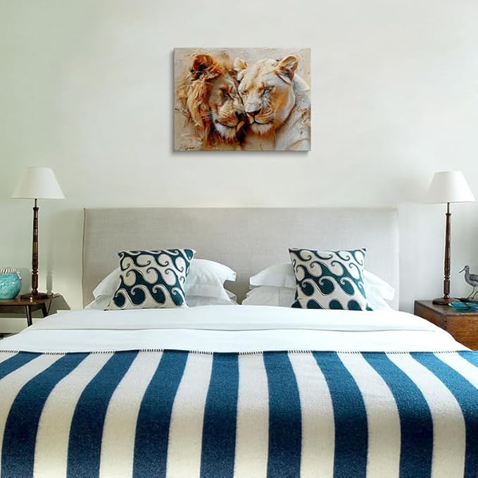 Romantic Lion Couple Canvas Wall Art Framed Painting Lion and Lioness Affection Moment Warm Earthy Tones Impasto Texture Wildlife Wall Decor Artwork for Bedroom Office Den 16x24 Inches