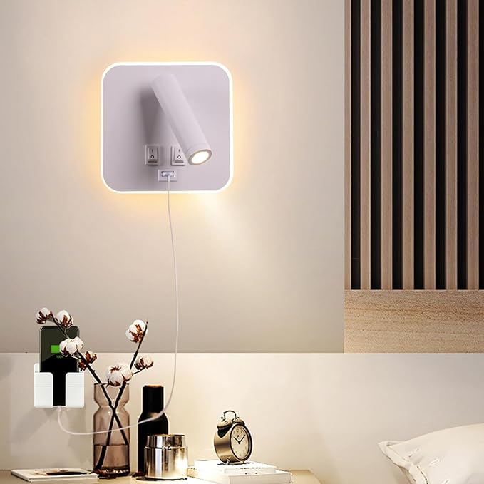 USB Charging Port Wall Wash Light White Bed LED with Interior Wall Adjustable Spotlight Reading lamp Wall lamp Bedroom Indoor Bedside Lamp 3000K (3W + 10W)
