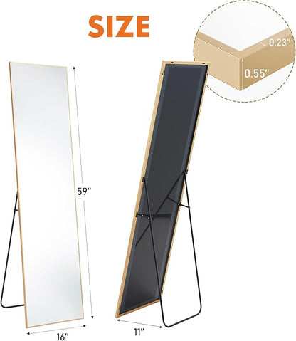 DUMOS Gold Full Length Mirror 59"x16.5" Full Body Floor Mirror for Bedroom or Cloakroom, Can Stand Alone, Hang or Lean Against Wall, Tall Wall Mirror with Stand and Sleek Aluminum Alloy Thin Frame
