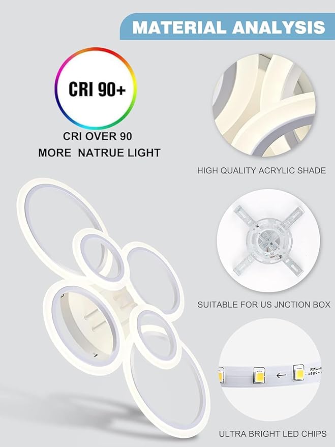 Modern LED Flush Mount Ceiling Light, 6 Rings White Close to Ceiling Light Fixtures, Living Room Lighting Fixture Ceiling Lamp for Kitchen, Bedroom, Laundry Room, 4000K Not Dimmable