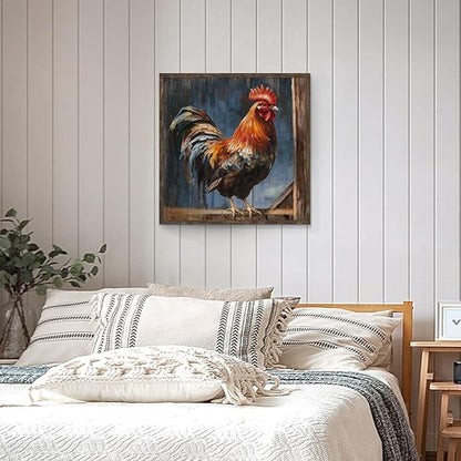 Rooster Framed Wall Art Decor: Farmhouse Animal Picture Country Cock Wooden Artwork Farm Chicken Painting is the Perfect Combination of Energy Nature for the Kitchen Country House Bathroom 20"x20"
