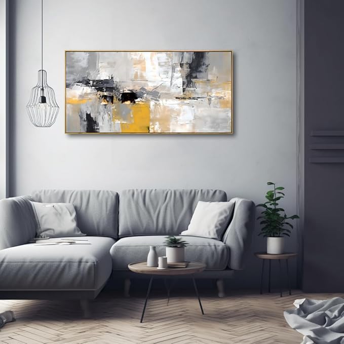 Wall Art Yellow Black White and Grey Modern Artwork for Living Room Bedroom Dining Room Home Office Decor 20"x40" with Framed