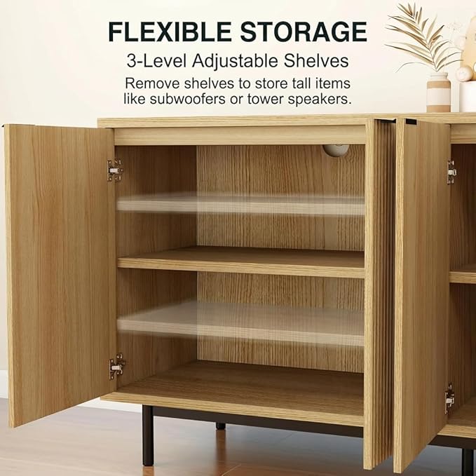 Vipbear 58 Inch TV Stand for 65 Inch TV, Modern Fluted Sideboard Buffet Cabinet with Storage, Natural Wood Media Console Table with 4 Doors and Adjustable Shelves for Living Room and Bedroom Decor