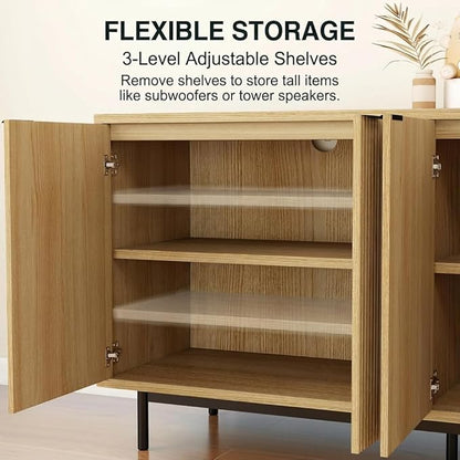 Vipbear 58 Inch TV Stand for 65 Inch TV, Modern Fluted Sideboard Buffet Cabinet with Storage, Natural Wood Media Console Table with 4 Doors and Adjustable Shelves for Living Room and Bedroom Decor