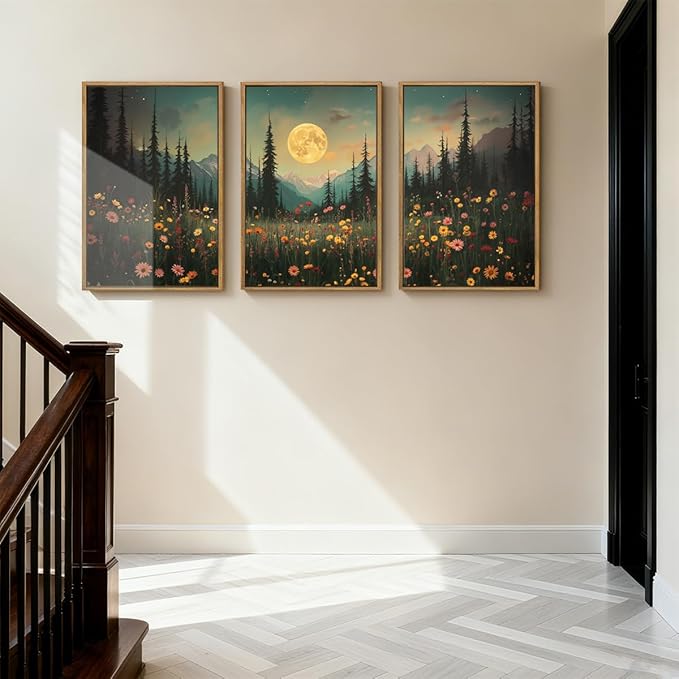 ANHUIB Moon Forest Wildflower Wall Art, Moonlit Pine Tree Wall Decor Dark Mountain Paintings Set of 3 for Living Room Bedroom Dining Room 16x24 Inch
