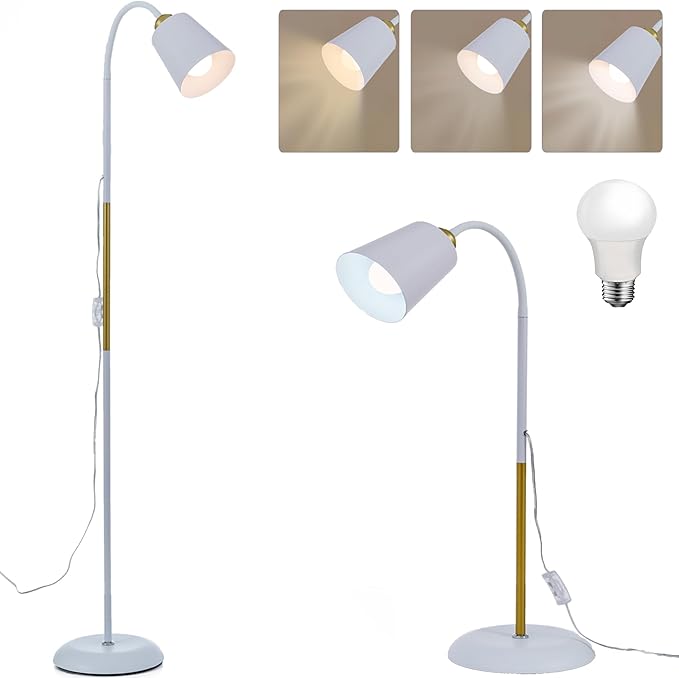 Floor Reading Lamp, Industrial Metal Floor Lamps for Living Room with Adjustable Bendable 2 in 1 Reading Table Lamps for Living Room Bedroom Office, 12W Bulb Included (White)