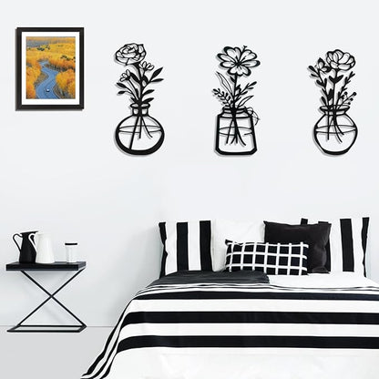 Lcaughsy Metal-Wall-Decor Living Room - 3 Pcs Metal Bathroom Wall Art Floral Vase and Picture Frame for Decoration- Hanging Display Wall Decor Art for Home Dining Room Bedroom Kitchen Farmhouse,Black