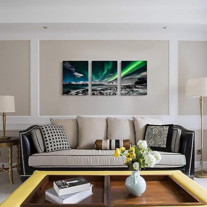Aurora Scenery Wall Art Green Sky Painting on Canvas Wall decorations for living room Stretched and Framed Canvas Paintings 3 piece bedroom wall decor Ready to Hang for office Decor art