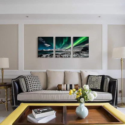 Aurora Scenery Wall Art Green Sky Painting on Canvas Wall decorations for living room Stretched and Framed Canvas Paintings 3 piece bedroom wall decor Ready to Hang for office Decor art