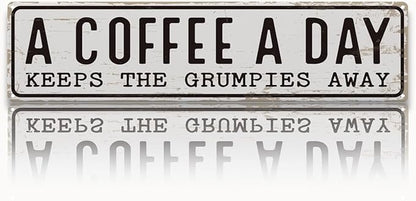 Coffee Signs Decor, A Coffee A Day Keeps the Grum Pies Away Sign, Farmhouse Wall Decor for Home, Vintage Bar or Dorm, Retro Metal Tin Sign, Decorative Metal Wall Signs 15.8x4 Inches