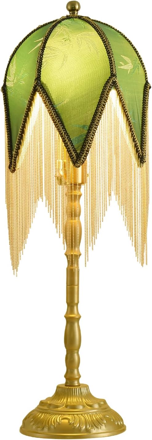 WELAISA- Vintage Table Lamp with Beaded Tassels, Metal Base Farmhouse Decorative Table Lamp for Reading-B