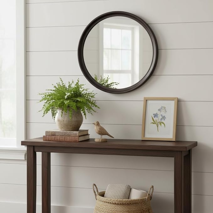 Round Mirrors 24 Inch,Rustic Decorative Transitional Dark Walnut Wall Mirror with Wood Grain for Bathroom,Farmhouse Hanging Vanity Mirror for Entryway Living Room or Bedroom