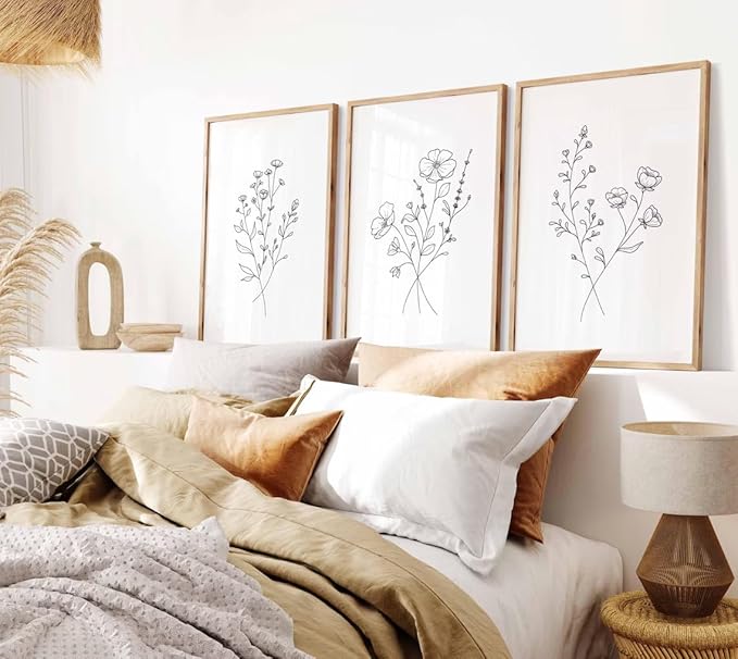 HLUSSBLIEB solid wood frame，3Pcsbeige floral art，minimalist botanical line art，modern black and white wall art，Neutral Botanical Floral Wall Art，for Living Room Bedroom Office （12 * 16in）