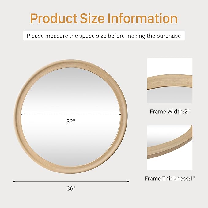 CULER Round Wall Mirrors 36 Inch,Natural Rustic Decorative Transitional Mirror with Wood Grain Frame for Wall,Farmhouse Hanging Vanity Mirror for Bathroom Bedroom Living Room or Entryway