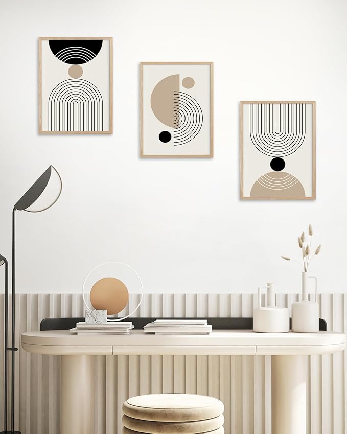 HesenDot Unframed Abstract Geometric Line Wall Art Set of 3, 12x16in Boho Mid Century Canvas Prints, Modern Arch Posters, Neutral Minimalist Wall Decor for Living Room Bedroom Bathroom Study