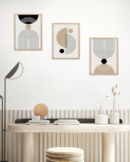 HesenDot Unframed Abstract Geometric Line Wall Art Set of 3, 12x16in Boho Mid Century Canvas Prints, Modern Arch Posters, Neutral Minimalist Wall Decor for Living Room Bedroom Bathroom Study