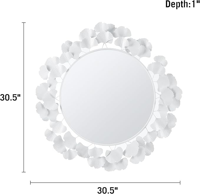 Martha Stewart Wall Décor Large Gingko Leaf Round Wall Mirror for Living Room, Iron Metal Plate Frame Antique Finish, Ready to Hang Bedroom Decoration, Eden, 30.5", White