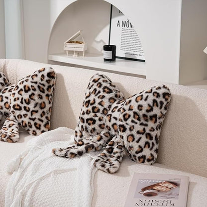 2 Pack Cute Leopard Print Bow Throw Pillows Furry Cheetah Bownote Plush Pillow Decor Bow Lumbar Suffed Pillow for Home Living Room Bedroom Bed Couch Cushion