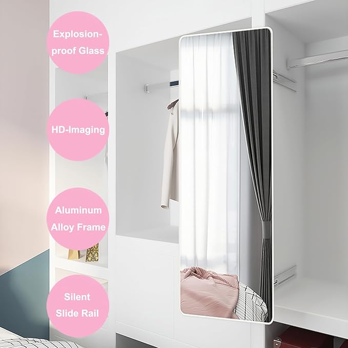 Hideaway Closet Mirror, Retractable Full Length Mirror, 51" x 16" Wall Mounted Mirror, Suitable for Bedroom, Locker Room, Cloakroom - White