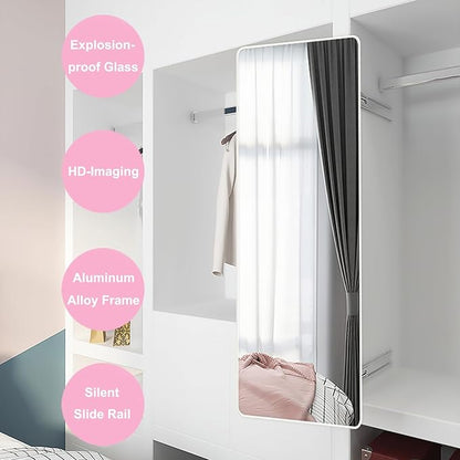 Hideaway Closet Mirror, Retractable Full Length Mirror, 51" x 16" Wall Mounted Mirror, Suitable for Bedroom, Locker Room, Cloakroom - White