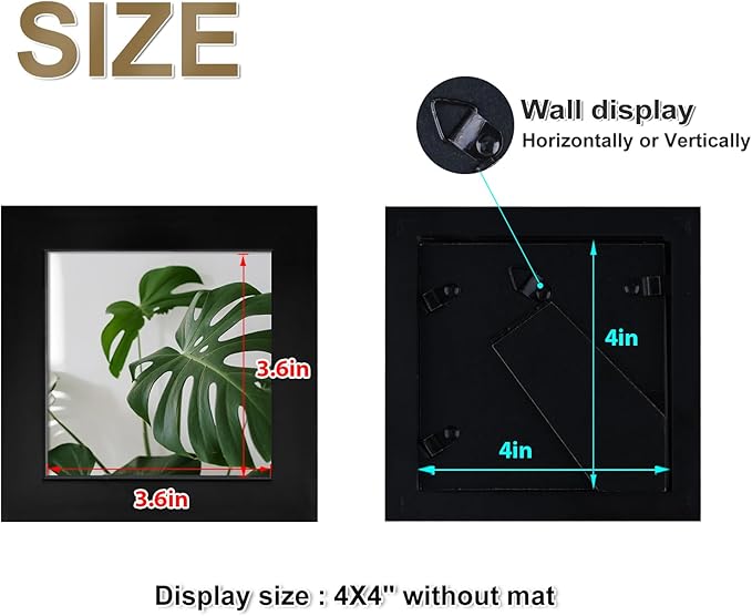 Egofine 4x4 Picture Frames Set of 4, Made of Solid Wood Covered by Plexiglass Display 4x4 for Table Top Display and Wall Mounting Photo Frame, Black