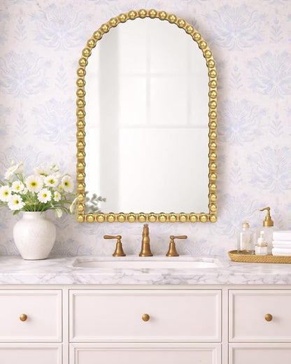 Gold Beaded Arched Wall Mirror 24x36 Inch, Vintage Decorative Arch Mirror with Beaded Frame, Accent Mirror for Entryway, Bathroom, Living Room, Bedroom, Fireplace