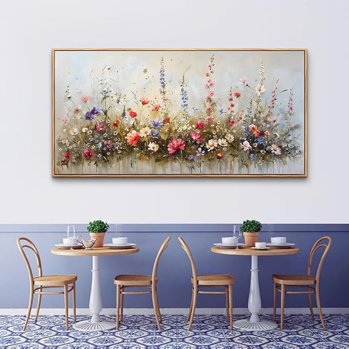 hyidecorart Wood Framed Canvas Print Wall Art Living Room Boho Wall Decor For Bedroom Farmhouse Pastel Watercolor Wild flowers Nature Field Landscape Wall Paintings Pictures Office Wall Art Decor