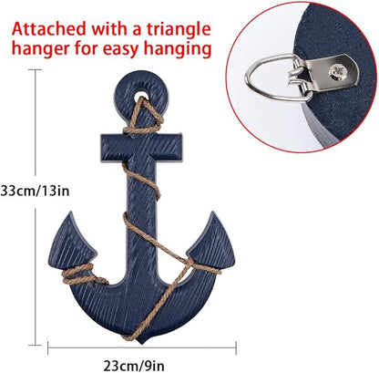 MDLUU Wooden Nautical Ship Steering Wheel, Small Ship Rudder and Anchor Wall Decor Set, 11" Navy Blue Helm Wheel Beach Theme Hanging Ornament