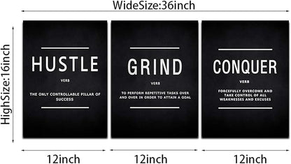 KAWAHONE Grind Hustle Conquer Success Wall Art, Motivation Canvas Wall Decor Framed Inspirational Painting Quotes Positive Poster Wall Hanging Picture for Home Office Workplace - 12" Wx16 Hx3piece