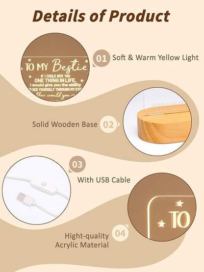 to My Bestie Gifts, Best Friend Gift for Women 3D Illusion Lamp, I Love You Friends Night Light for BFF Christmas White Elephant Gifts, Soft Warm Color Wooden Table Lamp