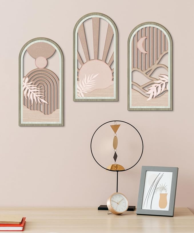 Putuo Decor Boho Sun Wall Art Set of 3, Abstract Pink Artwork, Mid Century Modern MDF Wooden Wall Decor for Living Room Bedroom Office, Arch Design 16x8in