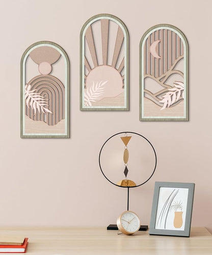 Putuo Decor Boho Sun Wall Art Set of 3, Abstract Pink Artwork, Mid Century Modern MDF Wooden Wall Decor for Living Room Bedroom Office, Arch Design 16x8in
