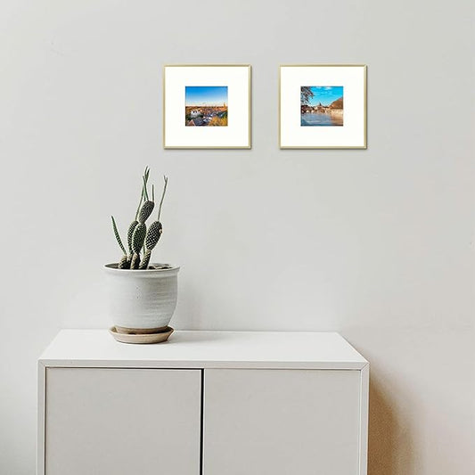 Golden State Art, Gallery Wall Frame Set of 6 - Gold 8x8 Aluminum Photo Frames with Mat for 4x4 Pictures - 8 x 8 inch Metal Frame with Real Glass Cover - Elegant Home or Office Decor