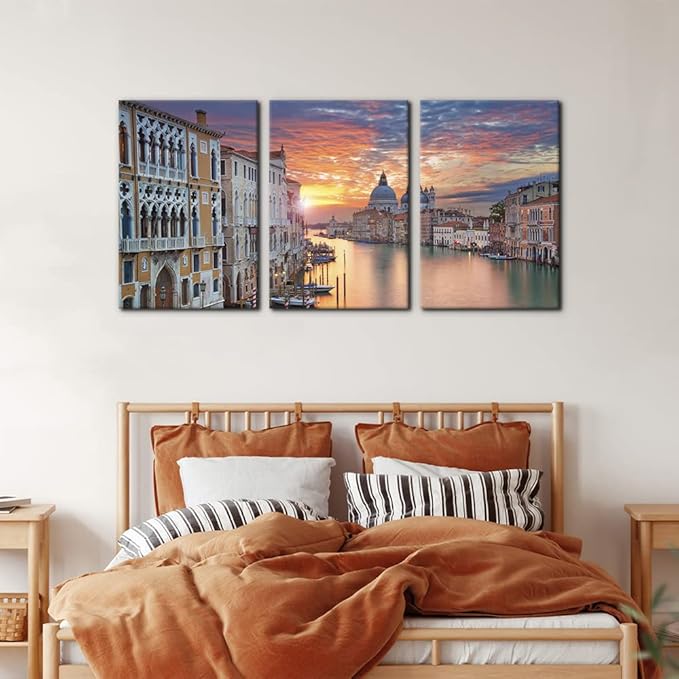 Pacimo 3 Piece Canvas Wall Art - Venice Framed Wall Art Decor Grand Canal in Venice Pictures Painting on Canvas Modern Art Home Decoration Stretched and Framed Ready to Hang - 16 x 24 inch x 3 Panels