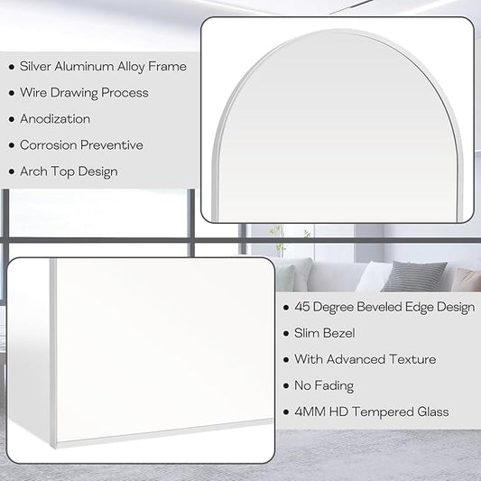22" x 30" Silver Arched Mirror, Arch Bathroom Vanity Mirror, Modern Aluminum Alloy Metal Frame Arch Mirror for Living Room, Bedroom, Entryway, Tempered Glass, Shatter Proof, Anti-Rust