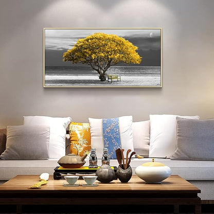 Framed Canvas Wall Art For Living Room & Bedroom - Large Size Black And White Scenery - Boho Home Decor - Yellow Trees - Natural Wood Frames