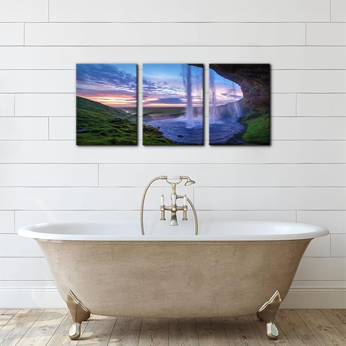 Pacimo Waterfall at Sunset Canvas Wall Art Print Iceland Landscape Painting Framed Wall Art Decor for Living Room Home Decoration 3 Pieces Gallery Wrapped Posters and Prints Ideal Gifts - 12"x16"x3