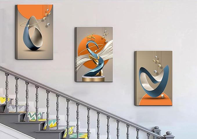 3 Pcs Modern Abstract Canvas Wall art Golden Deer Luxury Foil Lines Paintings Pictures Wall Decoration White Blue orange color Grey posters Prints for Living Room Bedroom Office Home Decoration
