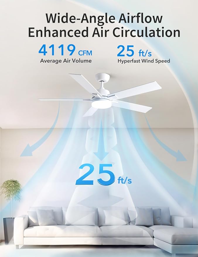 Rayqueen 52 Inch Ceiling Fans with Lights and Remote, 6 Speed Reversible DC Motor, 3CCT Dimmable LED, 5 Blades, White Modern Ceiling Fan for Bedroom, Living Room & Covered Outdoor, Includes Downrod