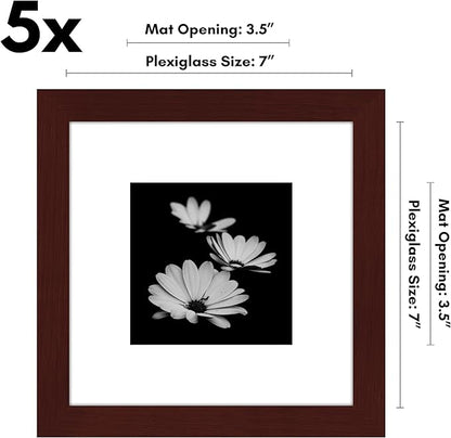 Americanflat 7x7 Picture Frame with Polished Plexiglass - Set of 5 - Use as 4x4 Frame with Mat or Display 7x7 Photo Without Mat - Galleria Collection - Square Frames for Tabletop and Wall - Mahogany