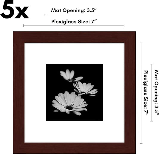 Americanflat 7x7 Picture Frame with Polished Plexiglass - Set of 5 - Use as 4x4 Frame with Mat or Display 7x7 Photo Without Mat - Galleria Collection - Square Frames for Tabletop and Wall - Mahogany