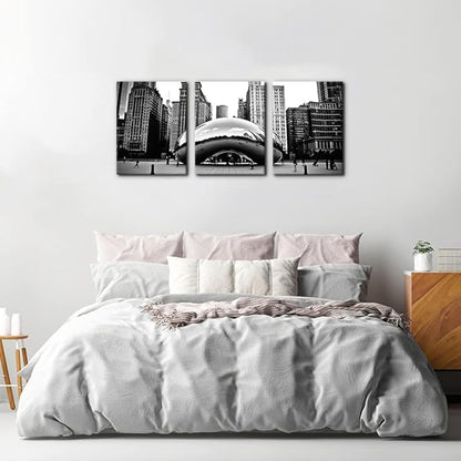 3 Pieces Black and White Wall Art - The Millennium Park in Downtown Chicago Photograph Picture Print on Canvas - Cloud Gate Canvas Wall Art for Modern Home Decor Ready to Hang - 12" x 16" x 3