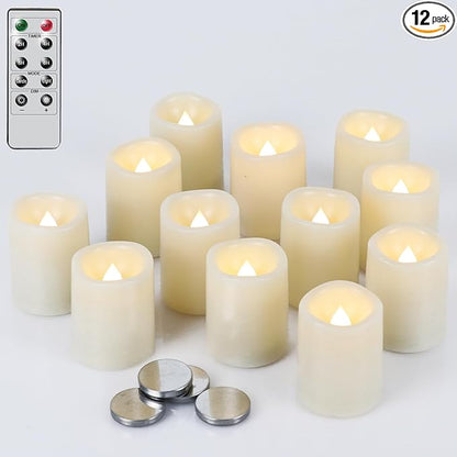 Flameless Flickering LED Votive Candles Remote and Timer, Battery Operated Tealights Battery Included, Amber Yellow Light 1.5 x 2 inch Set of 12 for Christmas Decoration